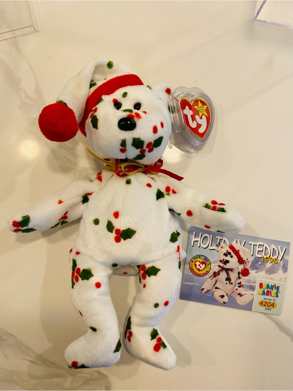 Ty Holiday Teddy Plush in White with Red & Green Holly